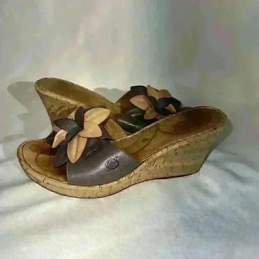 Born B08104 Flower Brown Leather Slip On Cork Wedge Slide Sandals Women's Size 8
